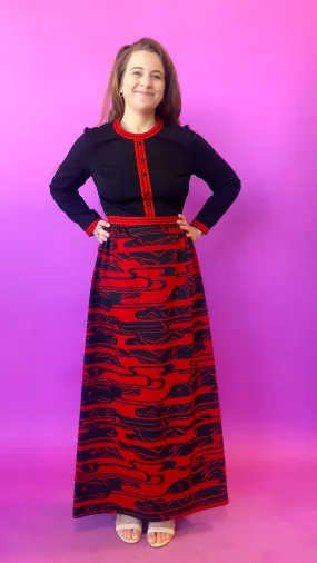 1970s Black and Red Abstract Maxi Dress, sz. M