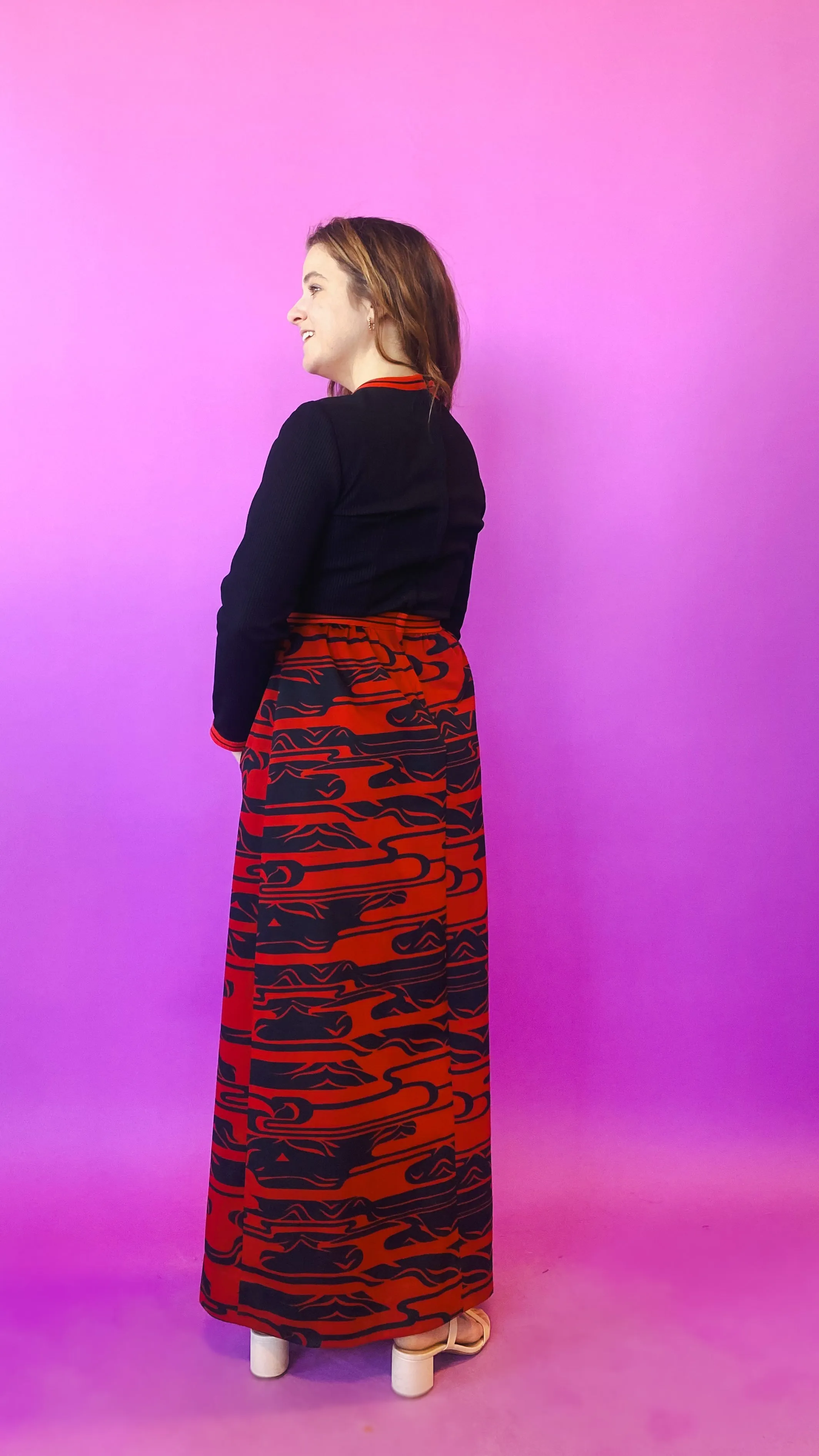 1970s Black and Red Abstract Maxi Dress, sz. M