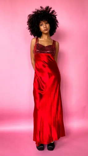 1990s Red Satin Maxi Dress, sz. S/M