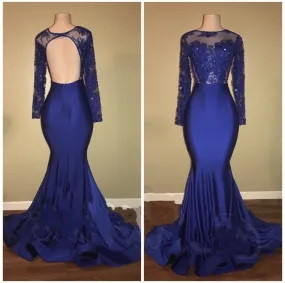 2024 Charming Royal Blue Long Sleeve Mermaid Prom Dresses