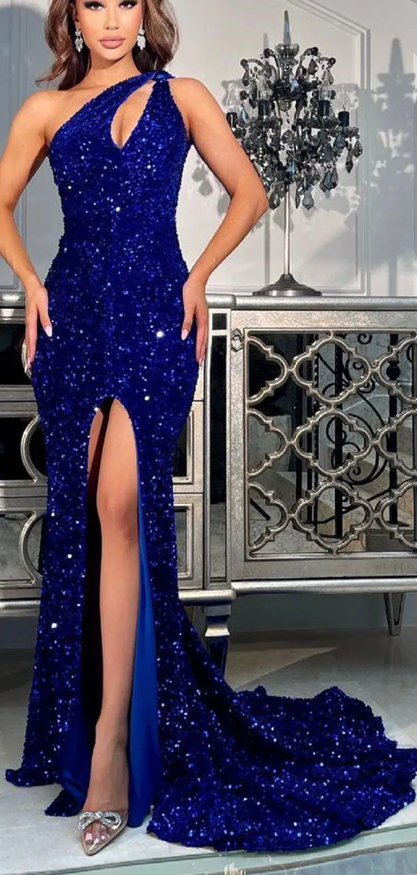 2024 Mermaid Royal Blue Sequin Sparkly Unique Modest Party Evening Long Prom Dresses PD302