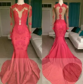 2024 Red Mermaid See Through Long Sleeves Satin Appliques Long Prom Dresses