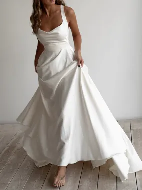 A-line Beach Satin Simple Popular Long Wedding Dresses, Bridal Gown WD069