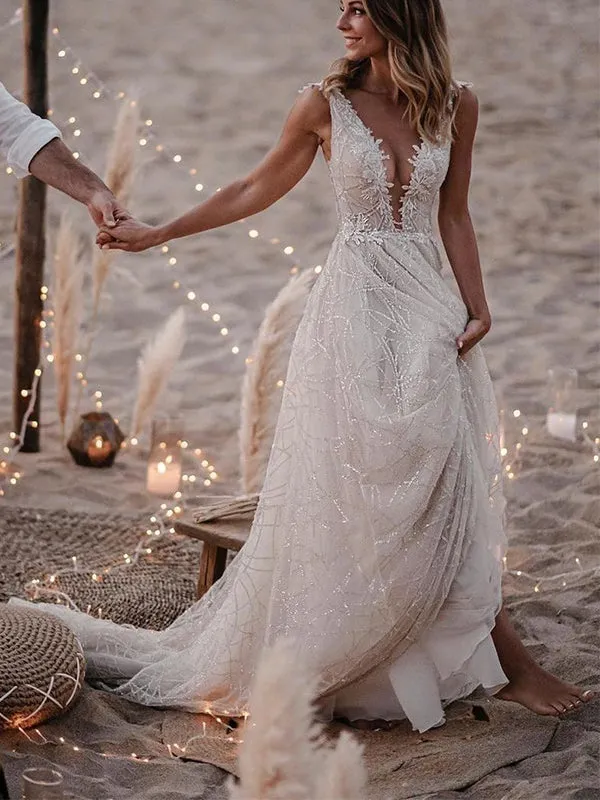 A-line Beach Unique Sequin Sparkly Modest Long Wedding Dresses, Bridal Gowns WD110