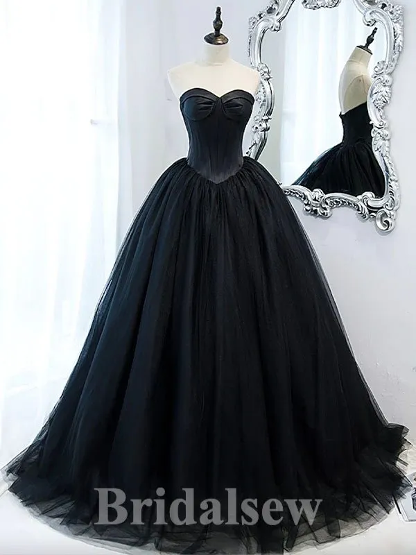 A-line Black Modest Unique Tulle Strapless Elegant Long Evening Prom Dresses, Gorgeous Ball Gown PD1217