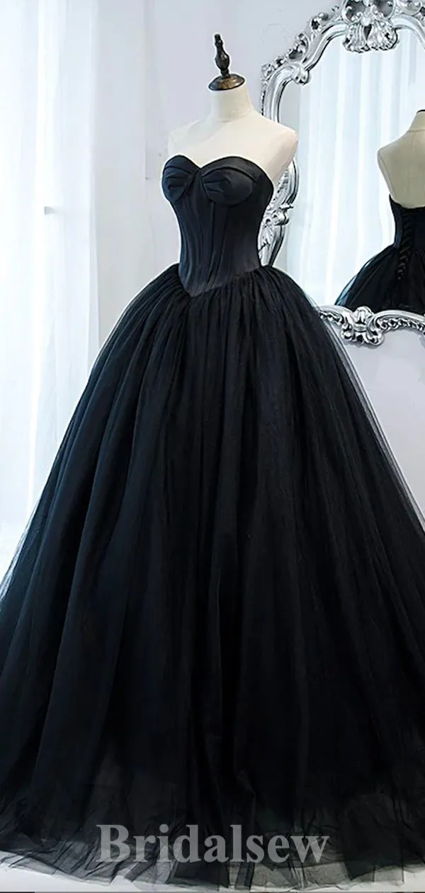 A-line Black Modest Unique Tulle Strapless Elegant Long Evening Prom Dresses, Gorgeous Ball Gown PD1217