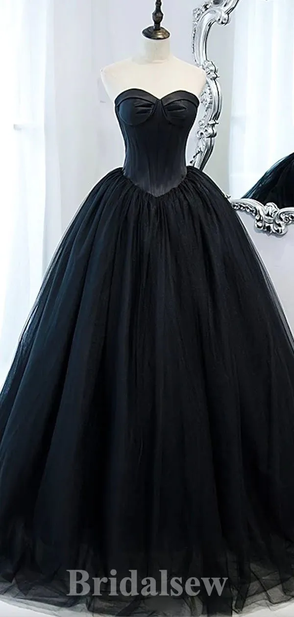 A-line Black Modest Unique Tulle Strapless Elegant Long Evening Prom Dresses, Gorgeous Ball Gown PD1217