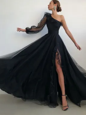 A-line Black One Shoulder Elegant Modest Formal Long Prom Dresses PD294