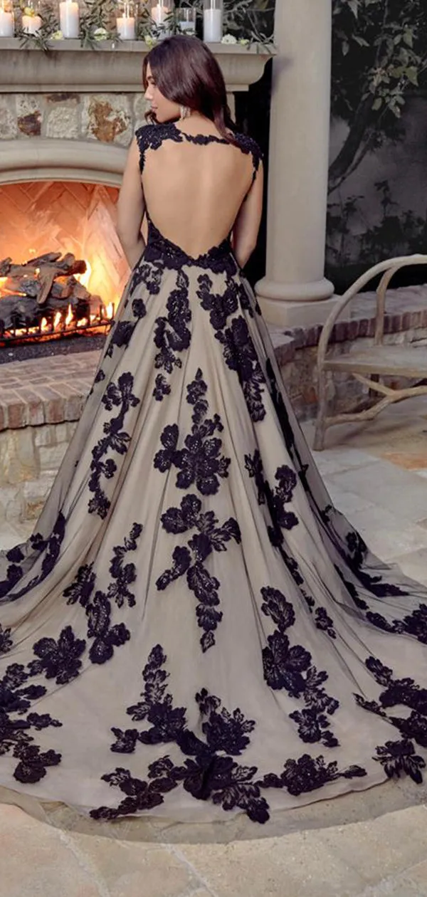 A-line Black Tulle Lace Appliques Long Gorgeous Wedding Dresses, Bridal Gowns WD089