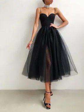 A-line Black Tulle Spaghetti Straps Modest Prom Dresses PD111