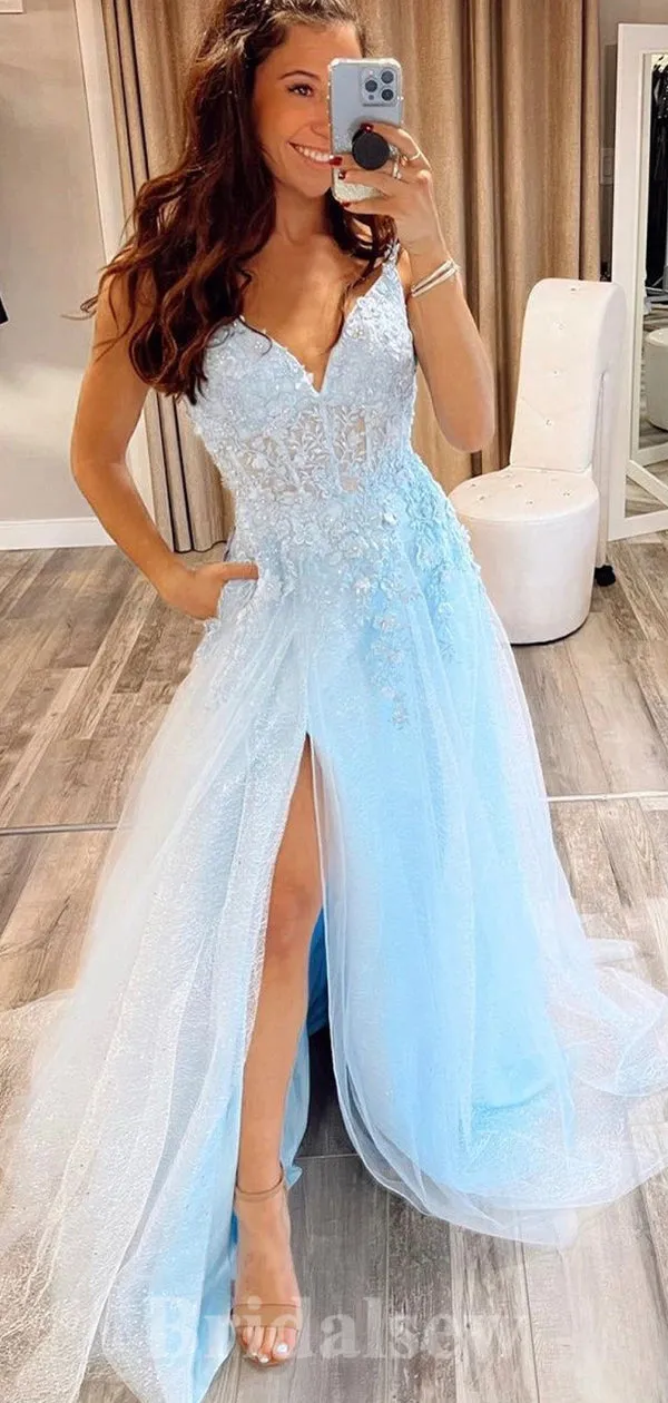 A-line Blue Lace Elegant Modest Slit Princess Long Women Evening Prom Dresses PD740