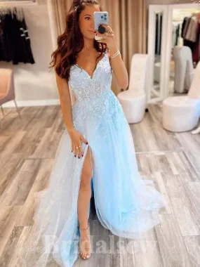 A-line Blue Lace Elegant Modest Slit Princess Long Women Evening Prom Dresses PD740