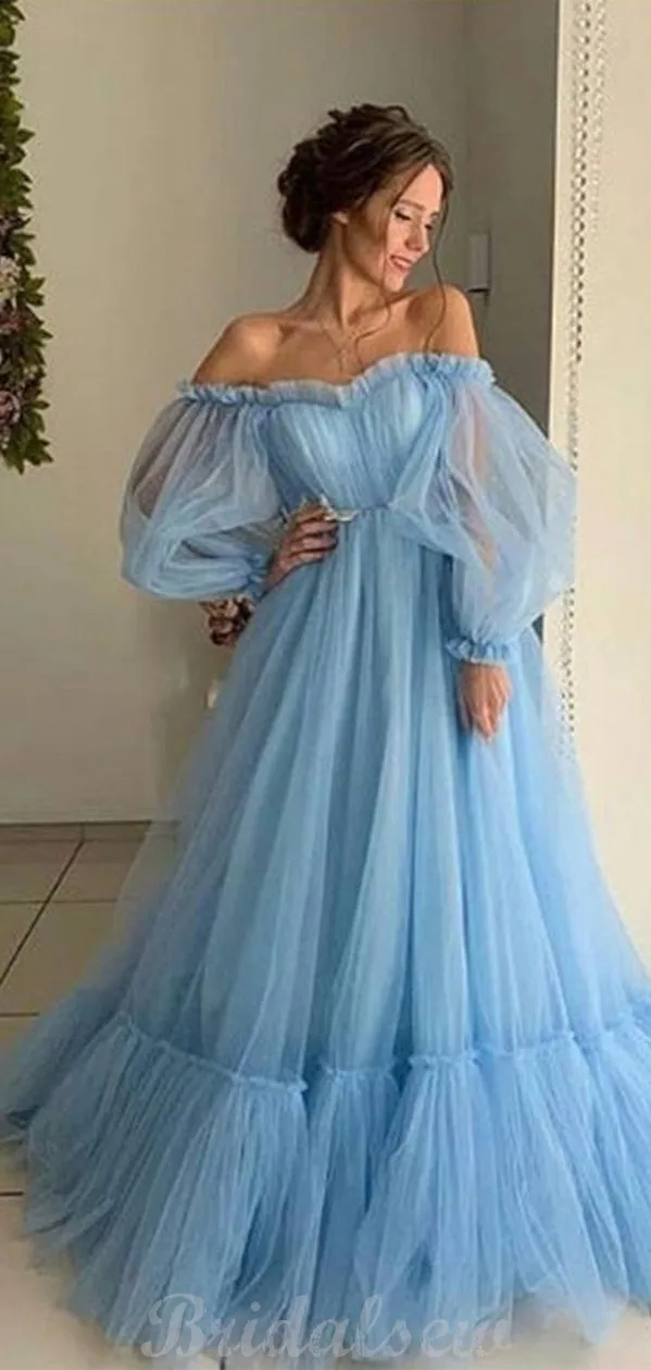 A-line Blue Long Sleeves Tulle Party Long Vintage Prom Dresses Online PD093