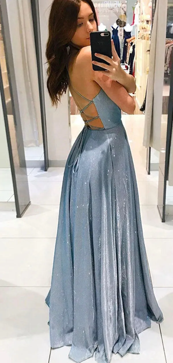 A-line Blue Sequin Sparkly Spaghetti Straps Shinning Modest Evening Long Prom Dresses PD352