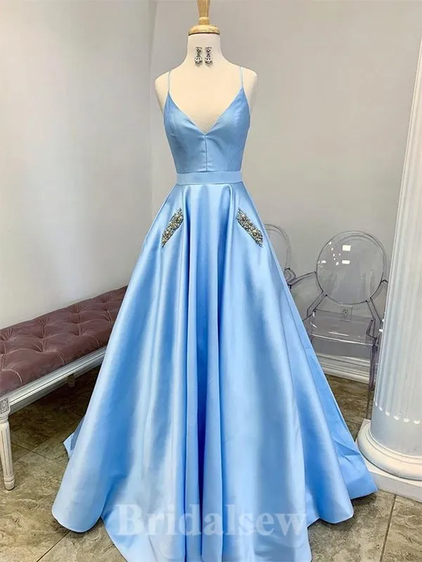 A-line Blue Unique Spaghetti Straps Modest Elegant Long Party Evening Prom Dresses PD1332