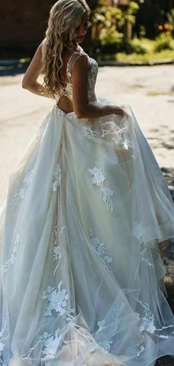 A-line Boho Vintage Long Beach Lace Wedding Dresses, Bridal Gowns WD094