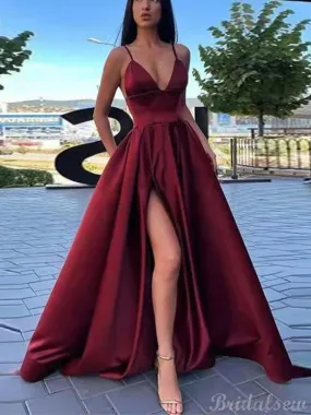 A-line Burgundy Spaghetti Straps Satin Popular Party Long Prom Dresses, Evening Dress PD358