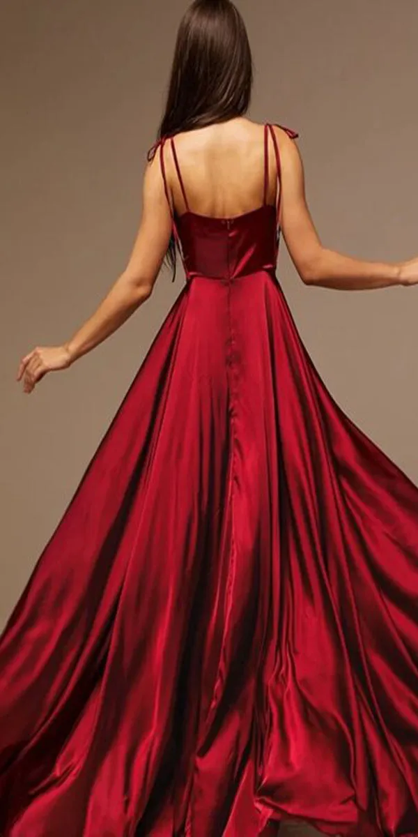 A-line Burgundy Spaghetti Straps Simple Modest Party Long Prom Dresses PD312