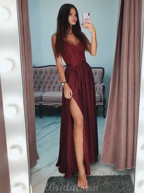 A-line Burgundy V-Neck Chic Modest Long Party Prom Dresses PD115