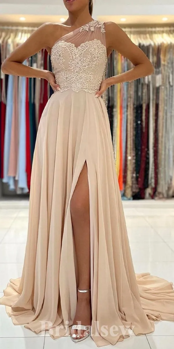 A-line Champagne One Shoulder Floor-Length Fashion Elegant Stylish Evening Long Prom Dresses PD1120