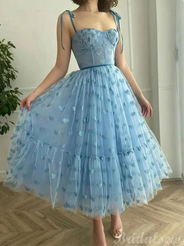 A-line Charming Short Prom Dresses, Blue Heart Modest Spaghetti Straps Short Homecoming Dresses HD015