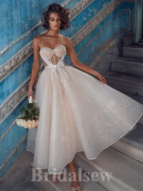 A-line Classic Fitted Sparkly Sequin Strapless  Garden Beach Vintage Long Wedding Dresses WD313