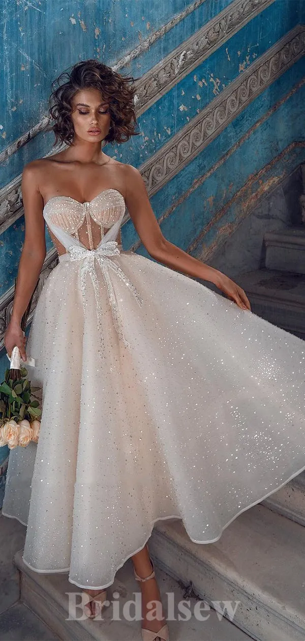 A-line Classic Fitted Sparkly Sequin Strapless  Garden Beach Vintage Long Wedding Dresses WD313