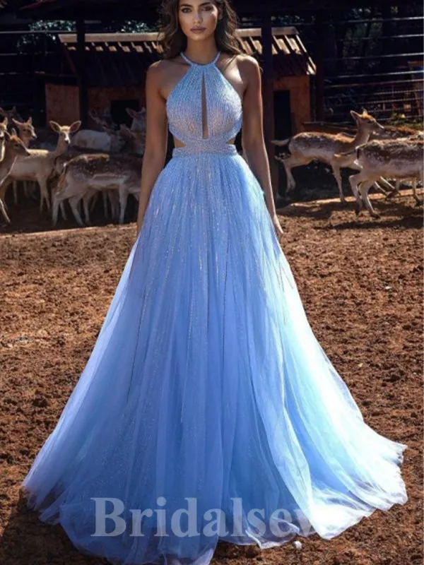 A-line Custom High Quality Blue Giltter Modest Long Women Evening Prom Dresses PD830