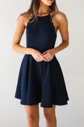 A Line Dark Navy Cute Halter High Neck Satin Short Homecoming Dress JS267