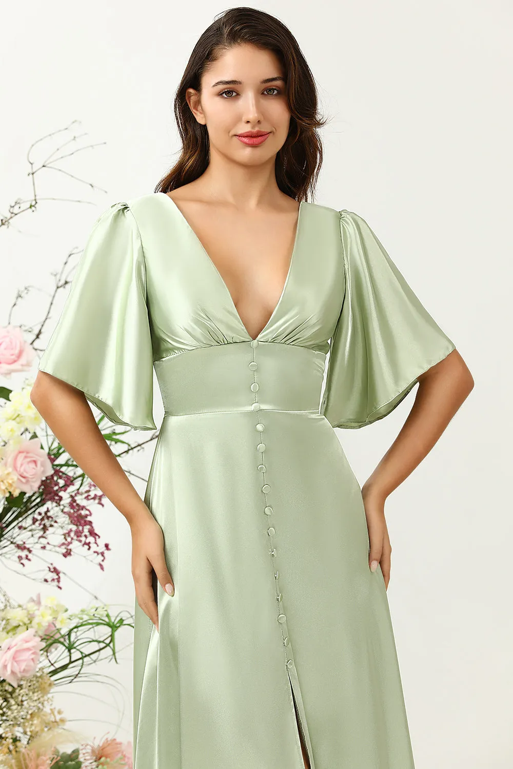 A Line Deep V Neck Light Green Wedding Guest Dress with Half Sleeves