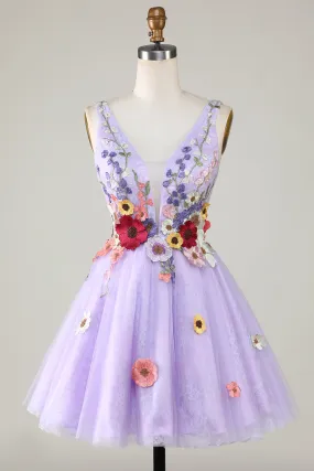 A Line Deep V Neck Open Back Purple Homecoming Dress With 3D Flowers