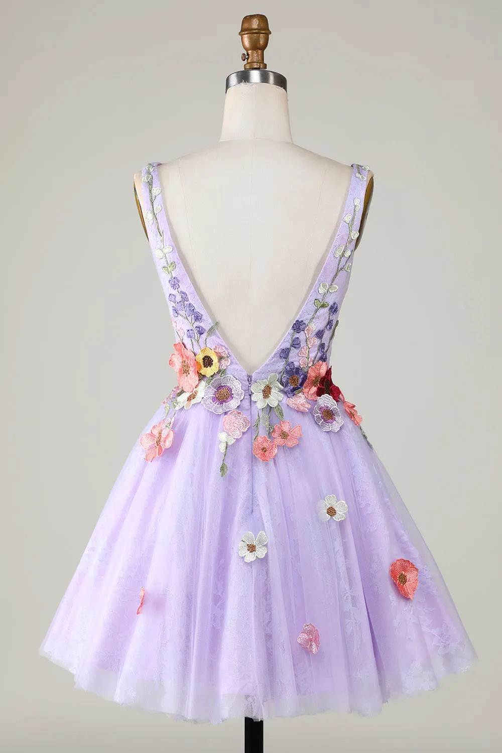 A Line Deep V Neck Open Back Purple Homecoming Dress With 3D Flowers