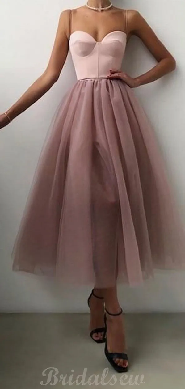 A-line Dusty Pink Tulle Spaghetti Straps Modest Prom Dresses PD113