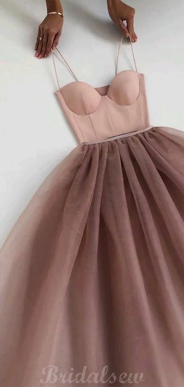 A-line Dusty Pink Tulle Spaghetti Straps Modest Prom Dresses PD113