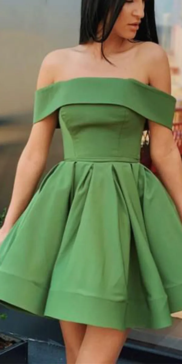 A-line Green Off The Shoulder Satin Simple Short Homecoming Dresses HD007