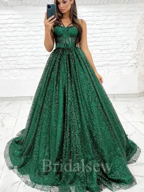 A-line Green Sequin Sparkly Black Girls Slay Formal Elegant Women Long Evening Prom Dresses PD583