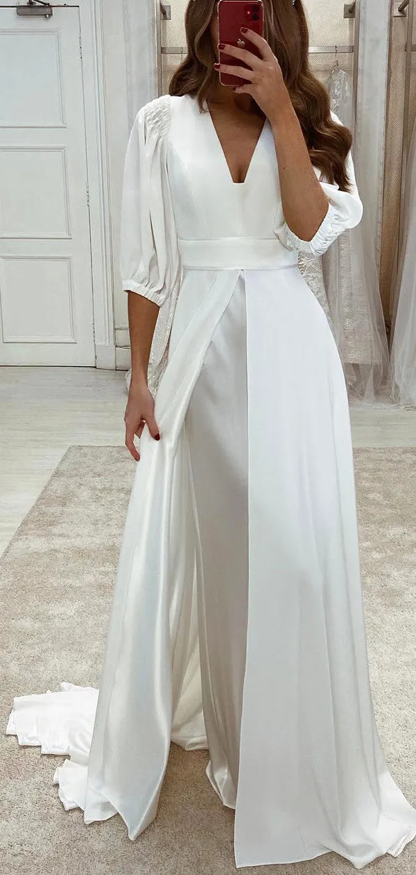 A-line Half Sleeves Simple Boho Vintage Dream Beach Long Wedding Dresses WD257