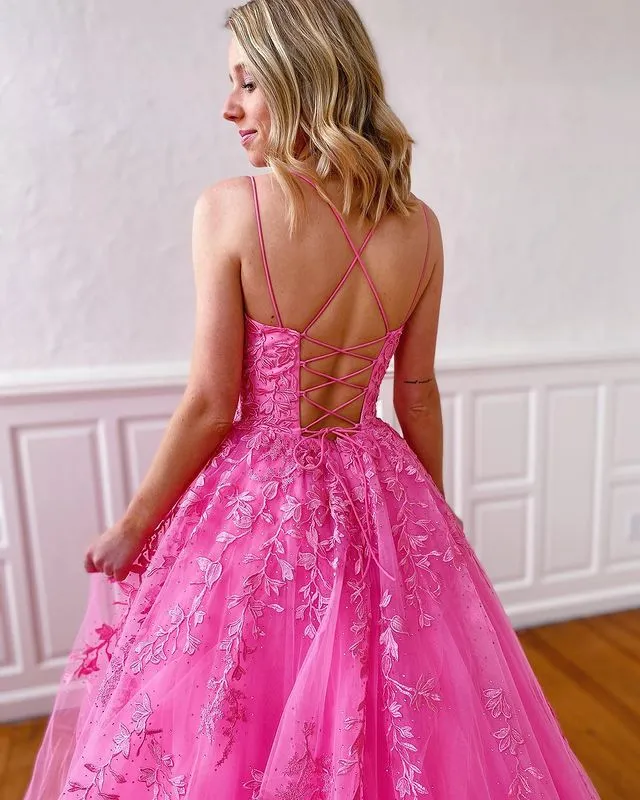 A-line Hot Pink Lace Popular Spaghetti Straps Modest Long Prom Dresses PD242