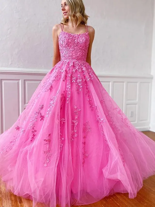 A-line Hot Pink Lace Popular Spaghetti Straps Modest Long Prom Dresses PD242