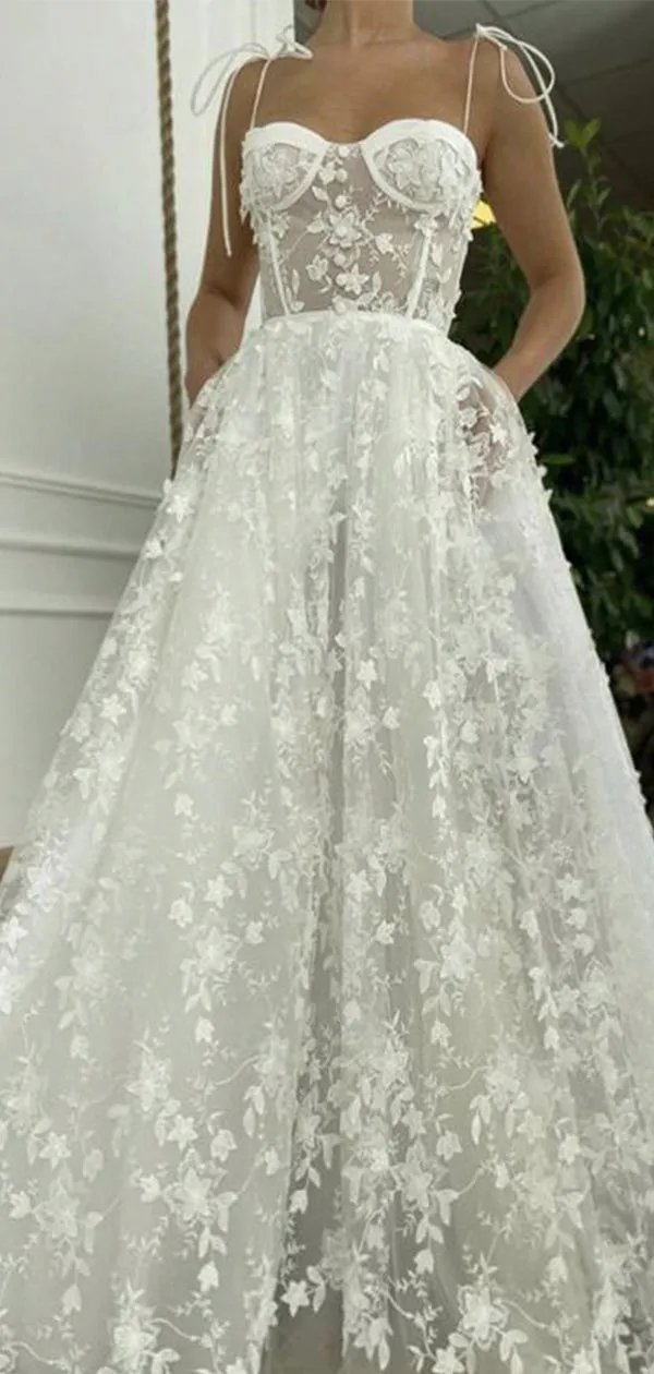 A-line Lace Applique Gorgeous Beach Long Wedding Dresses, Bridal Gown WD081