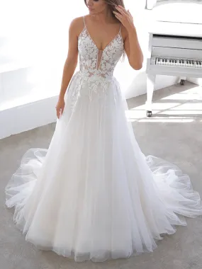 A-line Lace Spaghetti Straps V-Neck Beach Princess Wedding Dresses WD036