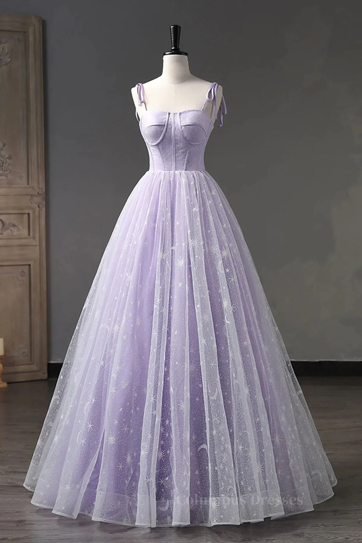 A Line Lilac Tulle Long Prom Dresses, Lilac Long Formal Evening Dresses