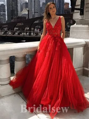 A-line Long Red Lace Appliques Tulle Modest Princess Party Prom Dresses, Ball Gown PD1181