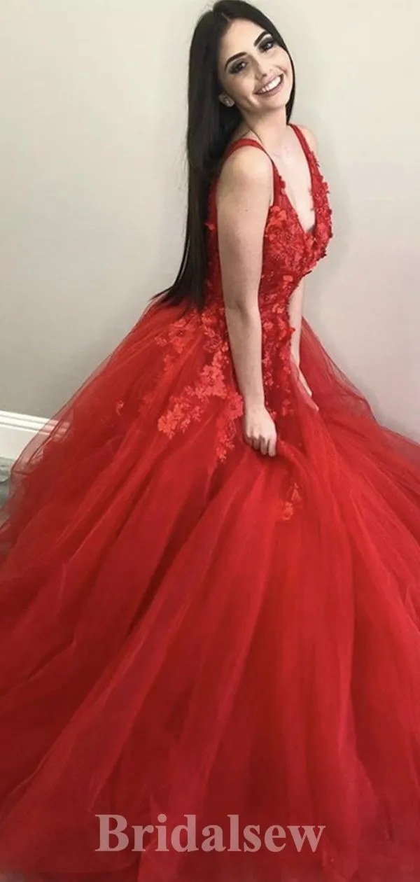 A-line Long Red Lace Appliques Tulle Modest Princess Party Prom Dresses, Ball Gown PD1181