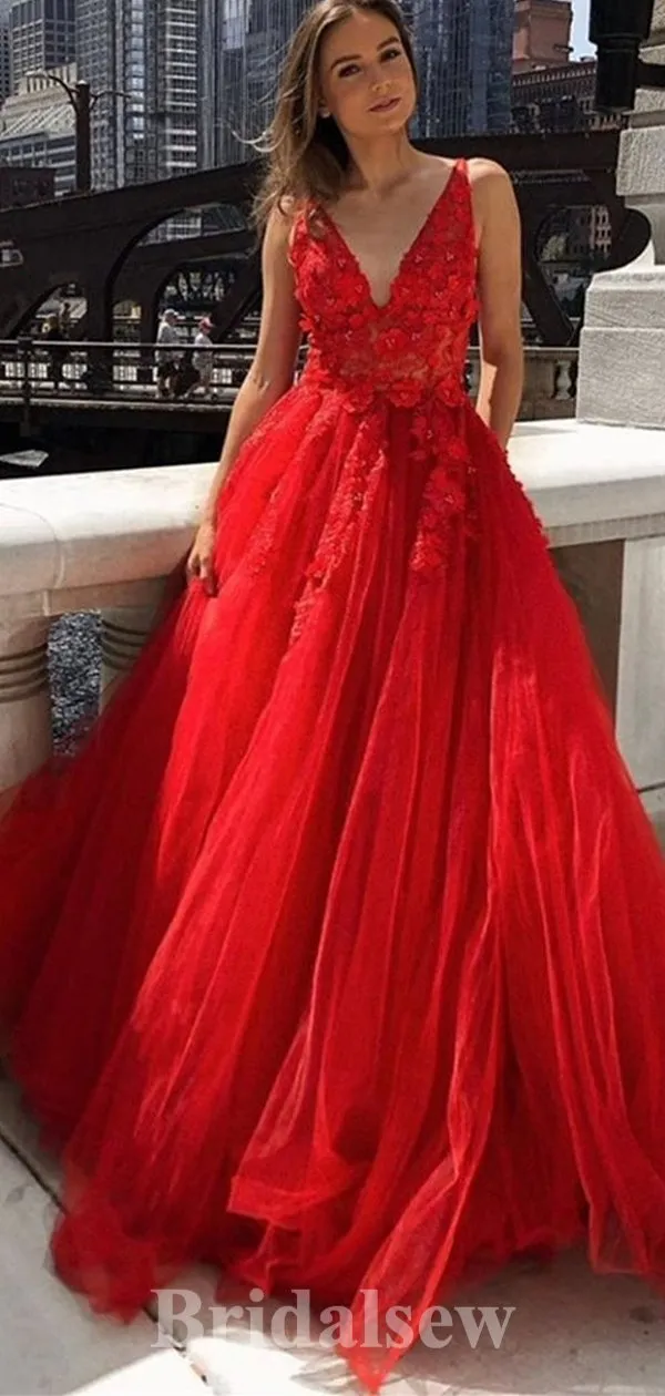 A-line Long Red Lace Appliques Tulle Modest Princess Party Prom Dresses, Ball Gown PD1181