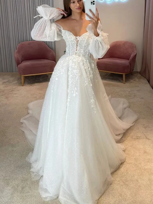 A-line Long Sleeves Elegant Boho Vintage Dream Beach Long Wedding Dresses WD254