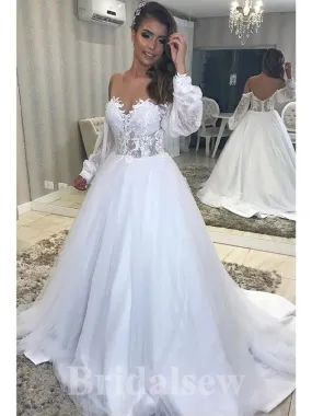 A-line Long Sleeves Floor-Length Lace Tulle Unique Garden Beach Vintage Long Wedding Dresses WD330