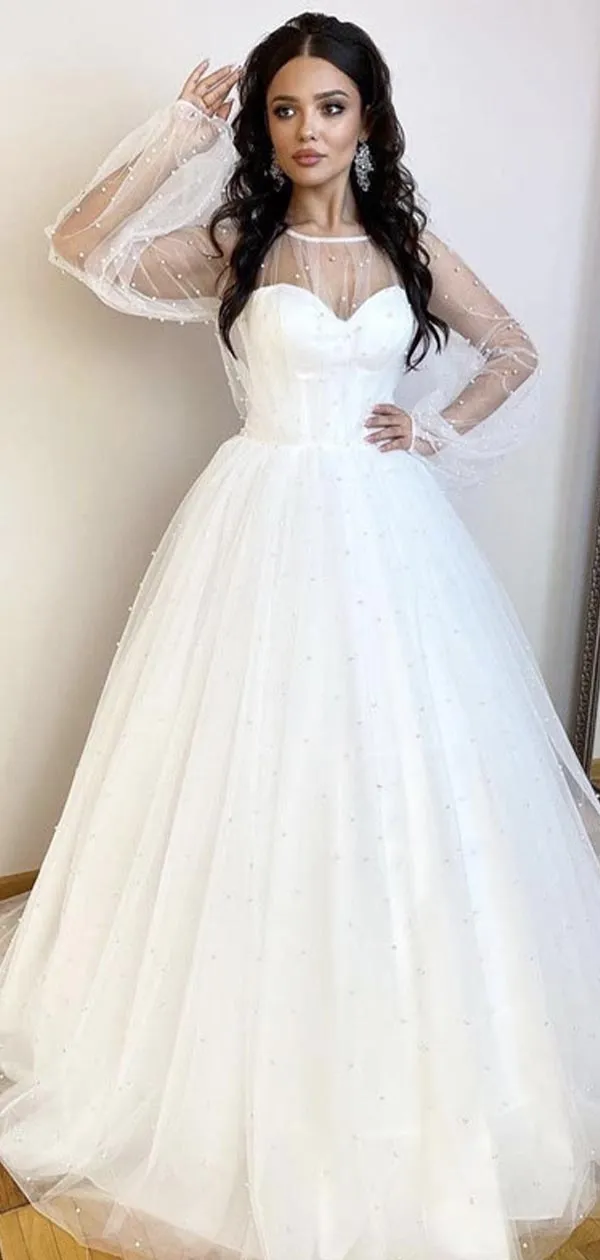 A-line Long Sleeves Unique Garden Elegant Vintage Beach Long Wedding Dresses WD193