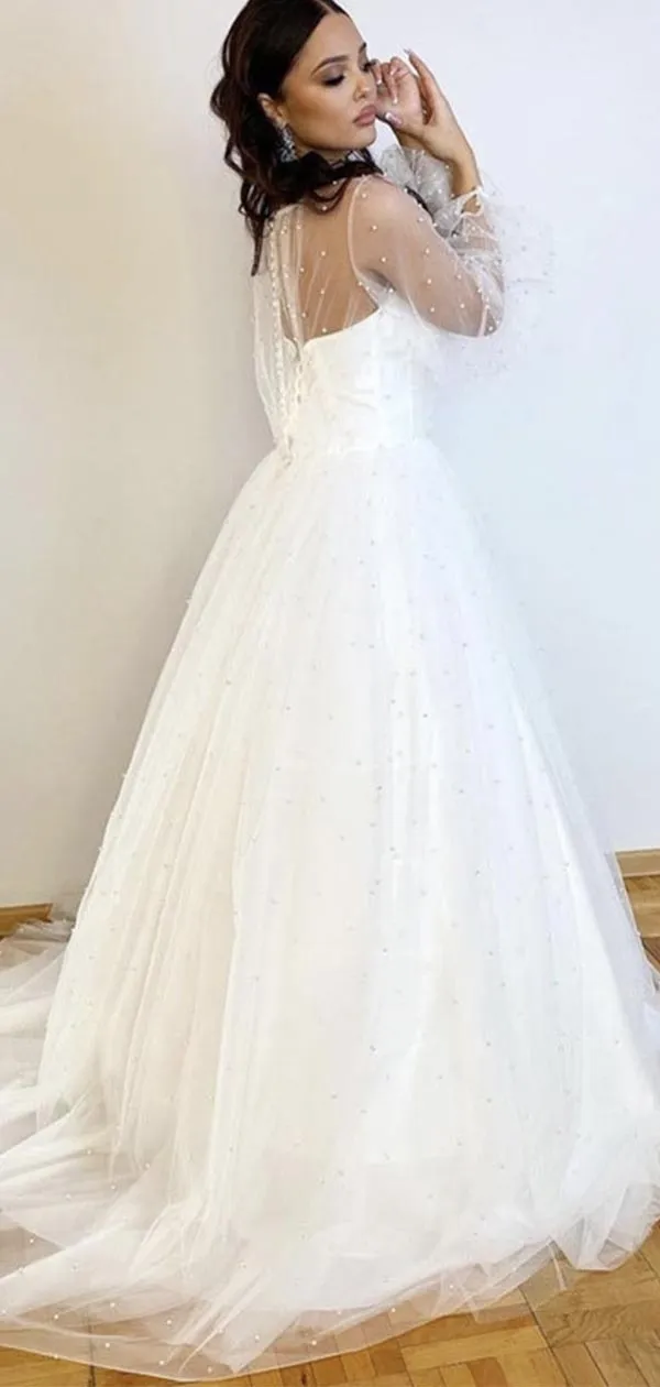 A-line Long Sleeves Unique Garden Elegant Vintage Beach Long Wedding Dresses WD193