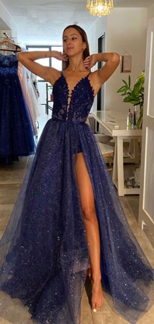 A-line Navy Blue Sparkly Unique Party Modest Formal Long Prom Dresses PD293